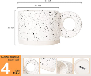 Ceramic Coffee Mugs, Stoneware Coffee Cups Set of 4 (10oz each), feature white ceramic with black speckles. Each mug measures 5.4" wide, 3.5" diameter, and 2.7" tall; dishwasher and microwave safe; various angle views shown.