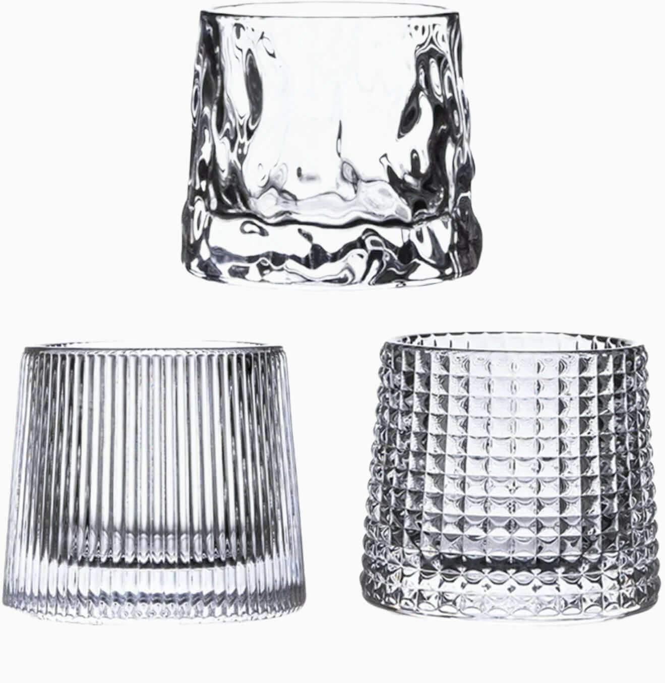 Set of 3 premium 5oz Crystal Whiskey Glasses, each with a unique texture—smooth with indents, vertical ribs, or diamond grid—resembling elegant lead-free crystal, displayed against a white background.