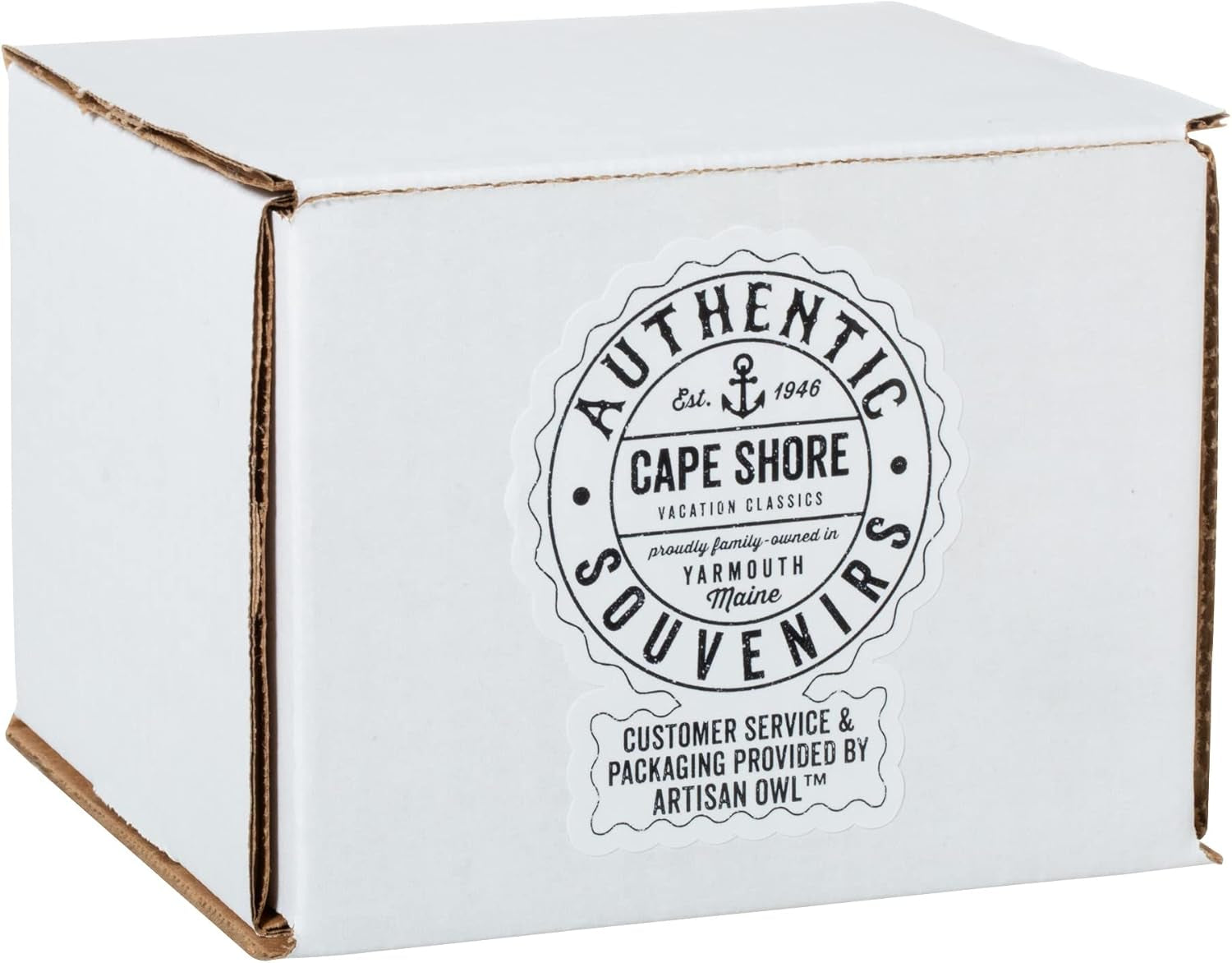 A plain white box with a round label reading “Authentic Souvenirs Cape Shore Vacation Classics, Yarmouth Maine, Customer Service & Packaging by Artisan Owl” holds an 18oz Stoneware Handwarmer Mug featuring a moose for your coastal drinkware collection.