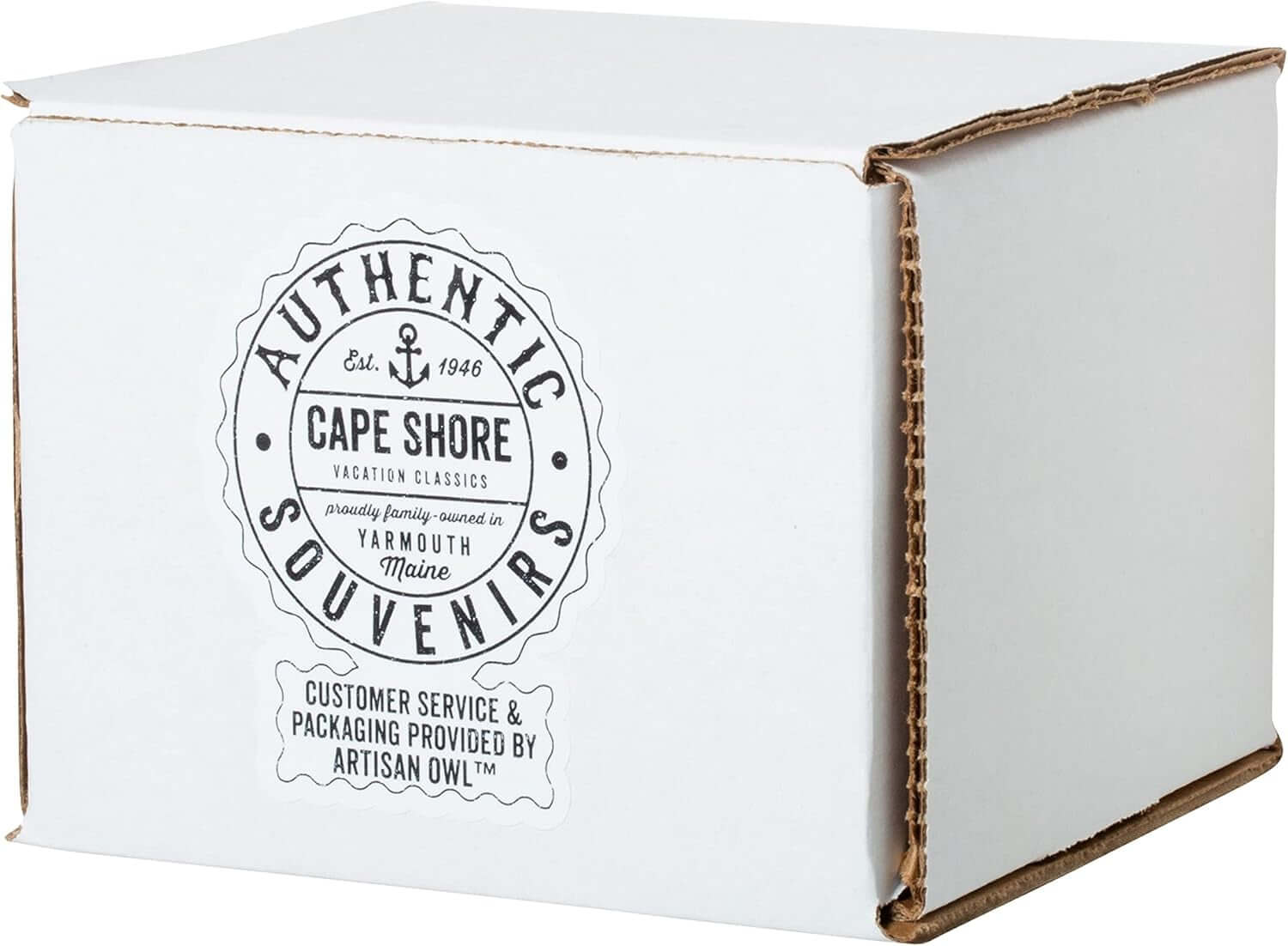 A white cardboard box with “Authentic Souvenirs Cape Shore” and packaging details in black on the side, perfect for securely shipping the 18oz Stoneware Handwarmer Mug, Turtle.