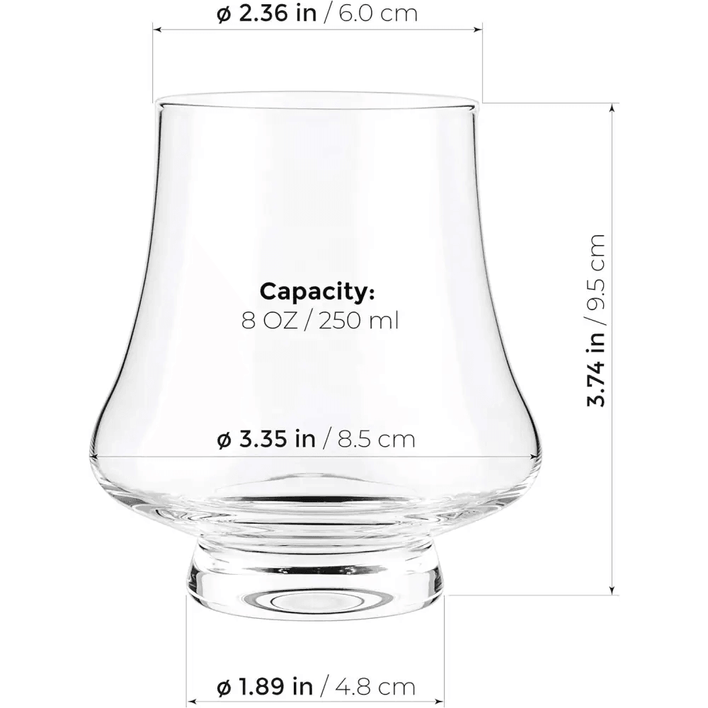The Bourbon Whisky Crystal Glass Snifter, Set of 4 (9 oz/260 ml), features clear crystal and a 3.74 in (9.5 cm) height with various diameters—ideal for bourbon enthusiasts seeking quality glassware.