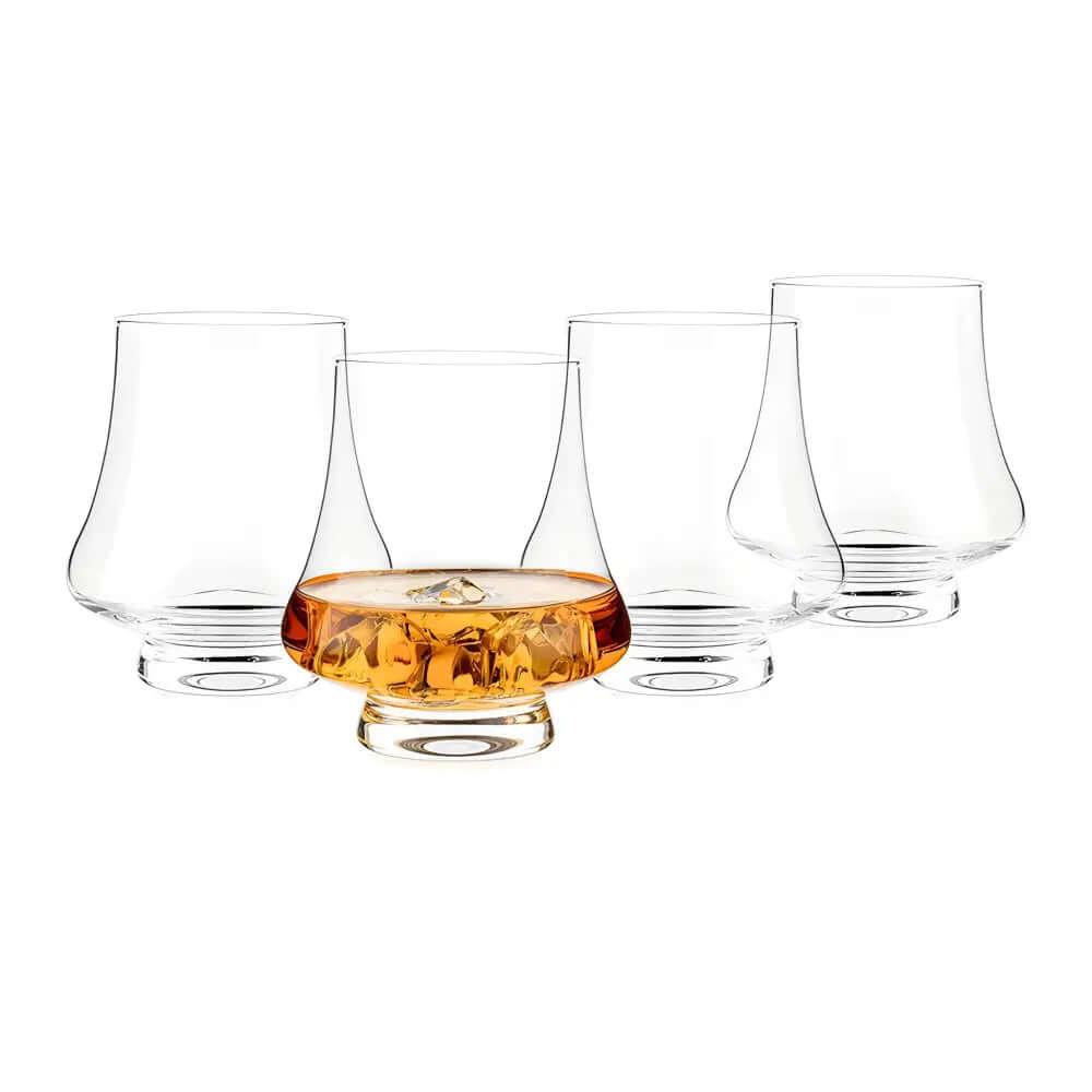 A set of four Bourbon Whisky Crystal Glass Snifters, each 9 oz/260ml, arranged on a white background—three empty and one filled with amber liquid and ice.