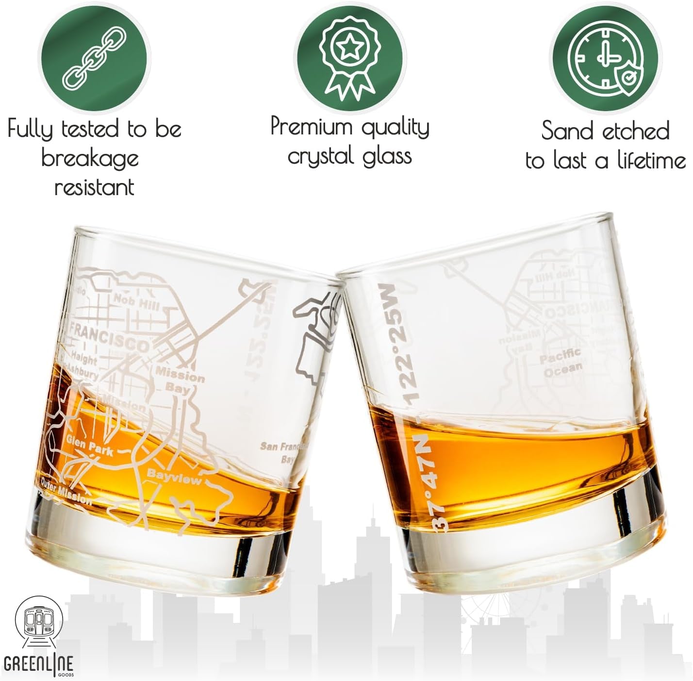 The Whiskey Glasses - 10 Oz Tumbler Gift Set for San Francisco lovers features two breakage-resistant, premium crystal glasses with durable sand-etched city maps—making each unique and an ideal gift for any occasion.
