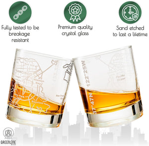 The Whiskey Glasses - 10 Oz Tumbler Gift Set for San Francisco lovers features two breakage-resistant, premium crystal glasses with durable sand-etched city maps—making each unique and an ideal gift for any occasion.