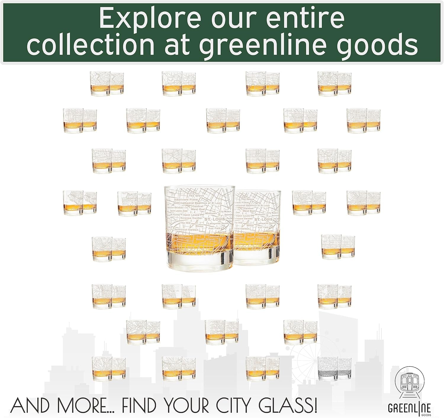 Discover Greenline Goods’ St Louis city map-engraved whiskey glasses. This 10 oz tumbler set for St Louis lovers includes two sand-etched glasses—explore the collection and find your city’s glassware!.
