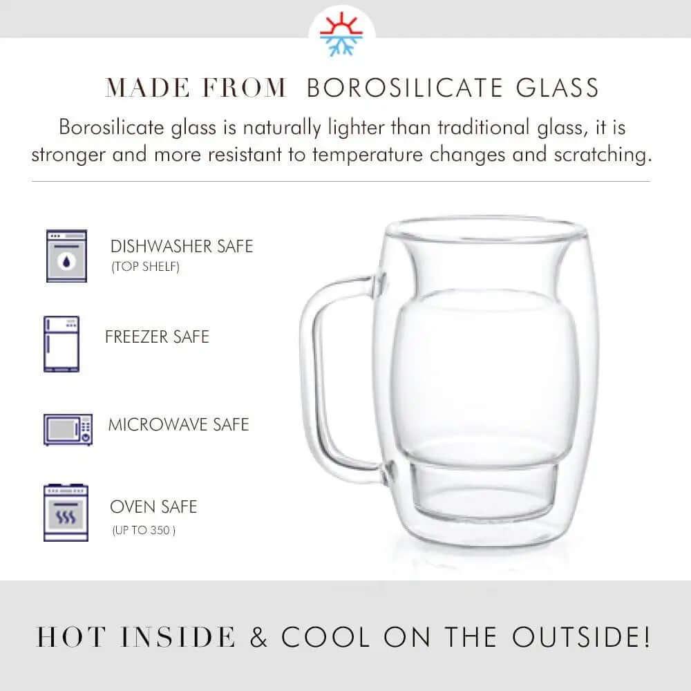 The Glass Coffee Cups, Double Wall Insulated Mugs Set of 2 (10-Oz) are made from heat-resistant borosilicate glass with double-wall insulation and icons indicating dishwasher, freezer, microwave, and oven safety for everyday use.