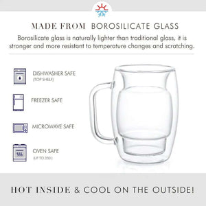 The Glass Coffee Cups, Double Wall Insulated Mugs Set of 2 (10-Oz) are made from heat-resistant borosilicate glass with double-wall insulation and icons indicating dishwasher, freezer, microwave, and oven safety for everyday use.