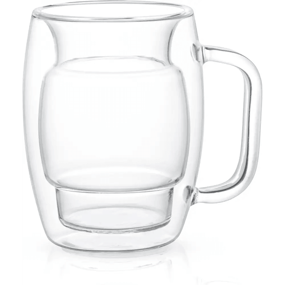 Glass Coffee Cups, Double Wall Insulated Mugs Set of 2, 10-Oz feature clear borosilicate glass with handles for insulation, keeping drinks hot or cold. Stylish and microwave safe—perfect for coffee or tea.