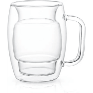 Glass Coffee Cups, Double Wall Insulated Mugs Set of 2, 10-Oz feature clear borosilicate glass with handles for insulation, keeping drinks hot or cold. Stylish and microwave safe—perfect for coffee or tea.