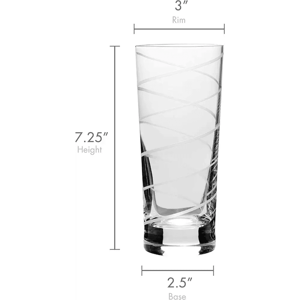 The Cheers Highball Glass, 19.75-ounce set of 4, features clear etched glass with a swirled pattern, measuring 7.25 tall, with a 3 rim and 2.5 base diameter—ideal for stylish cocktail collections.