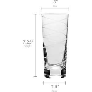 The Cheers Highball Glass, 19.75-ounce set of 4, features clear etched glass with a swirled pattern, measuring 7.25 tall, with a 3 rim and 2.5 base diameter—ideal for stylish cocktail collections.