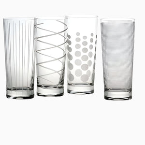 The Cheers Highball Glass set includes four 19.75-ounce glasses, each etched with a unique pattern—vertical lines, diagonal swirls, polka dots, and horizontal stripes—making them a stylish choice for serving cocktails.