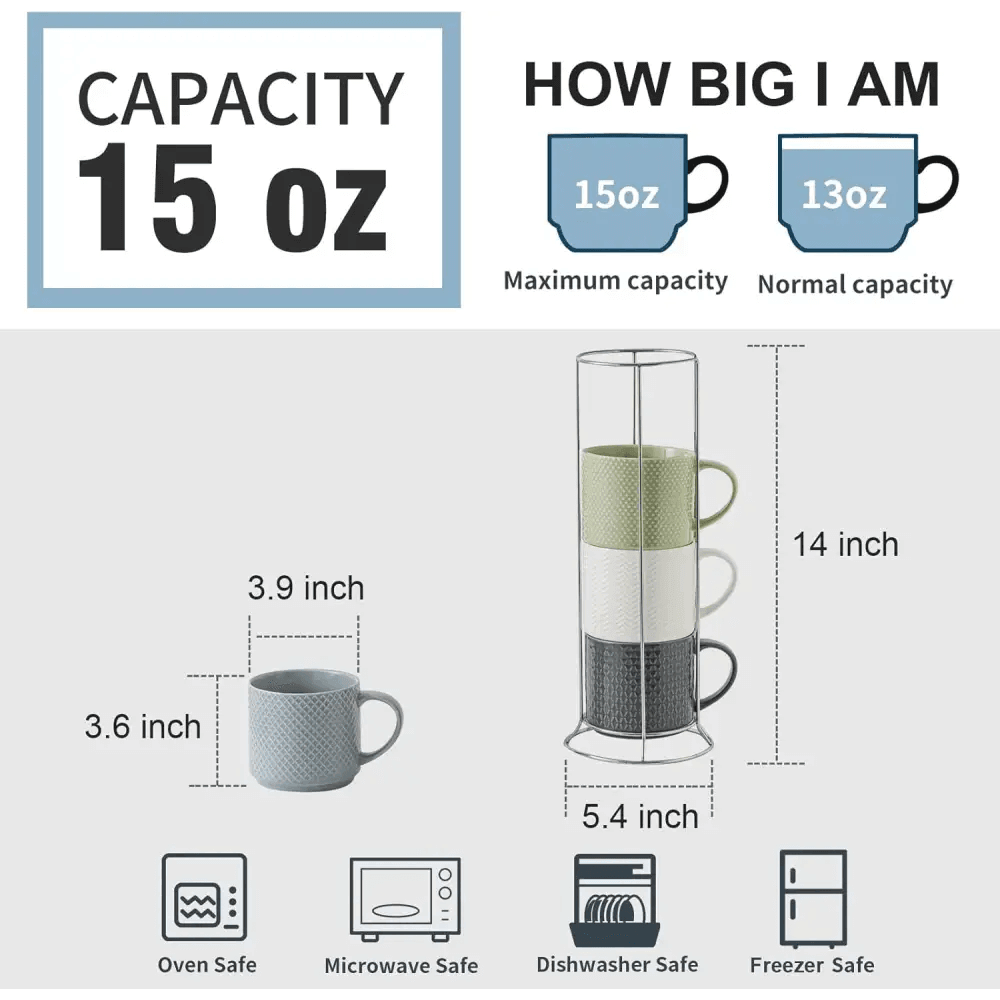 Infographic featuring Coffee Mugs Stackable Porcelain Coffee Cups Gift Set—15 oz mugs, 3.6” high, 3.9” wide; holder 14” tall, 5.4” wide; labeled oven, microwave, dishwasher & freezer safe.