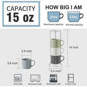 Infographic featuring Coffee Mugs Stackable Porcelain Coffee Cups Gift Set—15 oz mugs, 3.6” high, 3.9” wide; holder 14” tall, 5.4” wide; labeled oven, microwave, dishwasher & freezer safe.