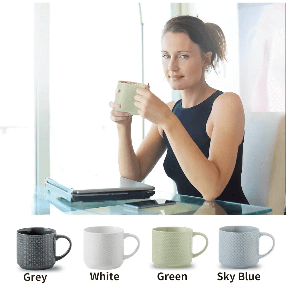 Coffee Mugs, Stackable Porcelain Coffee Cups Gift Set of 4 with Metal Stand, 15 Oz.
