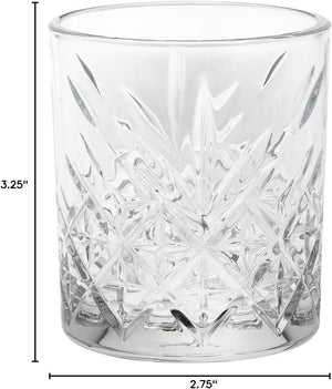 The 7 Ounce Rocks Glasses Set of 6 features clear, lead-free etched whiskey glasses with a geometric pattern, each measuring 3.25 inches tall and 2.75 inches in diameter—perfect for those who appreciate stylish barware.