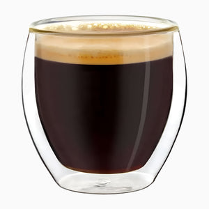 A Double Wall Espresso Glasses 3.5 OZ, Insulated Glass Cups - 6X 3.5oz (100ml) filled with black coffee and a layer of light brown crema, set against a plain white background.