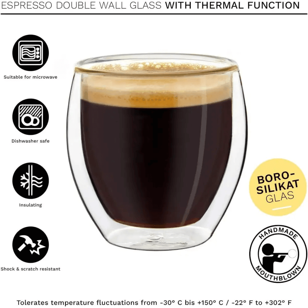 These Double Wall Espresso Glasses 3.5 OZ, Insulated Glass Cups (set of 6) are handmade from borosilicate glass with a rich crema layer, and feature icons for microwave, dishwasher, insulation, and shock resistance—ideal for daily use.