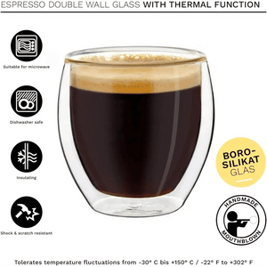 These Double Wall Espresso Glasses 3.5 OZ, Insulated Glass Cups (set of 6) are handmade from borosilicate glass with a rich crema layer, and feature icons for microwave, dishwasher, insulation, and shock resistance—ideal for daily use.