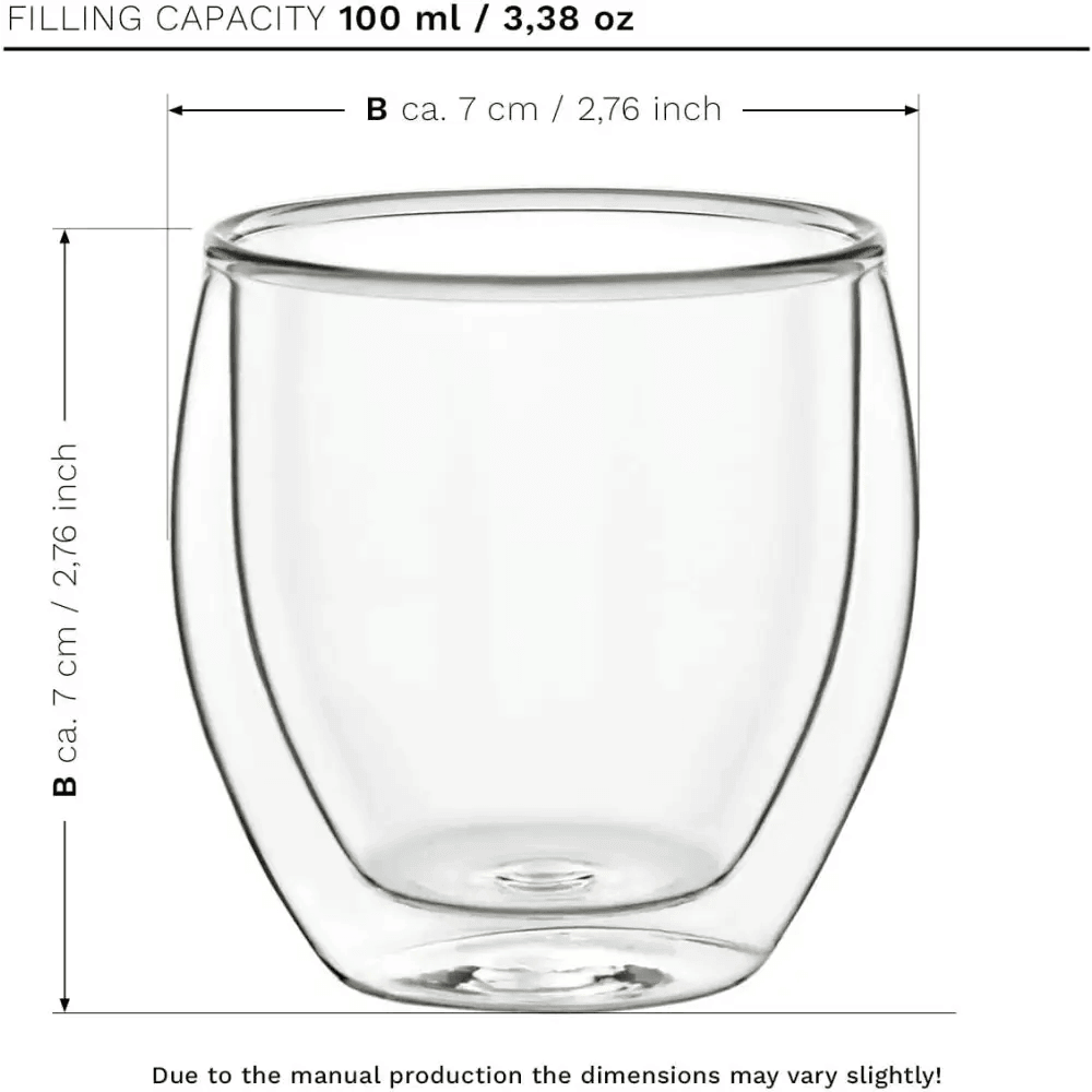 Double Wall Espresso Glasses 3.5 OZ are insulated glass cups made from borosilicate glass, each holding 100ml (3.5oz) and measuring about 7cm in height and diameter—ideal for keeping your espresso hot or cold. Set includes 6 glasses.