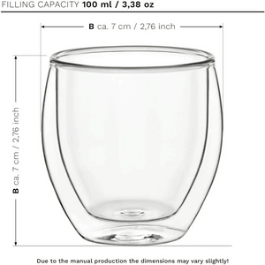 Double Wall Espresso Glasses 3.5 OZ are insulated glass cups made from borosilicate glass, each holding 100ml (3.5oz) and measuring about 7cm in height and diameter—ideal for keeping your espresso hot or cold. Set includes 6 glasses.