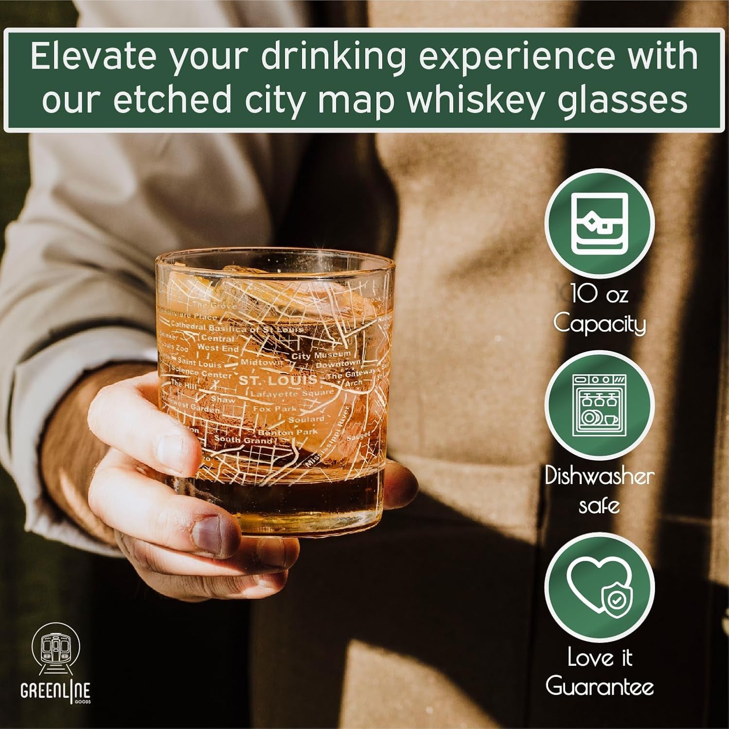 A person holds a sand-etched 10 oz whiskey tumbler from the St Louis Lovers Set of 2. The city map design stands out, and text notes it's dishwasher safe and comes with a satisfaction guarantee.