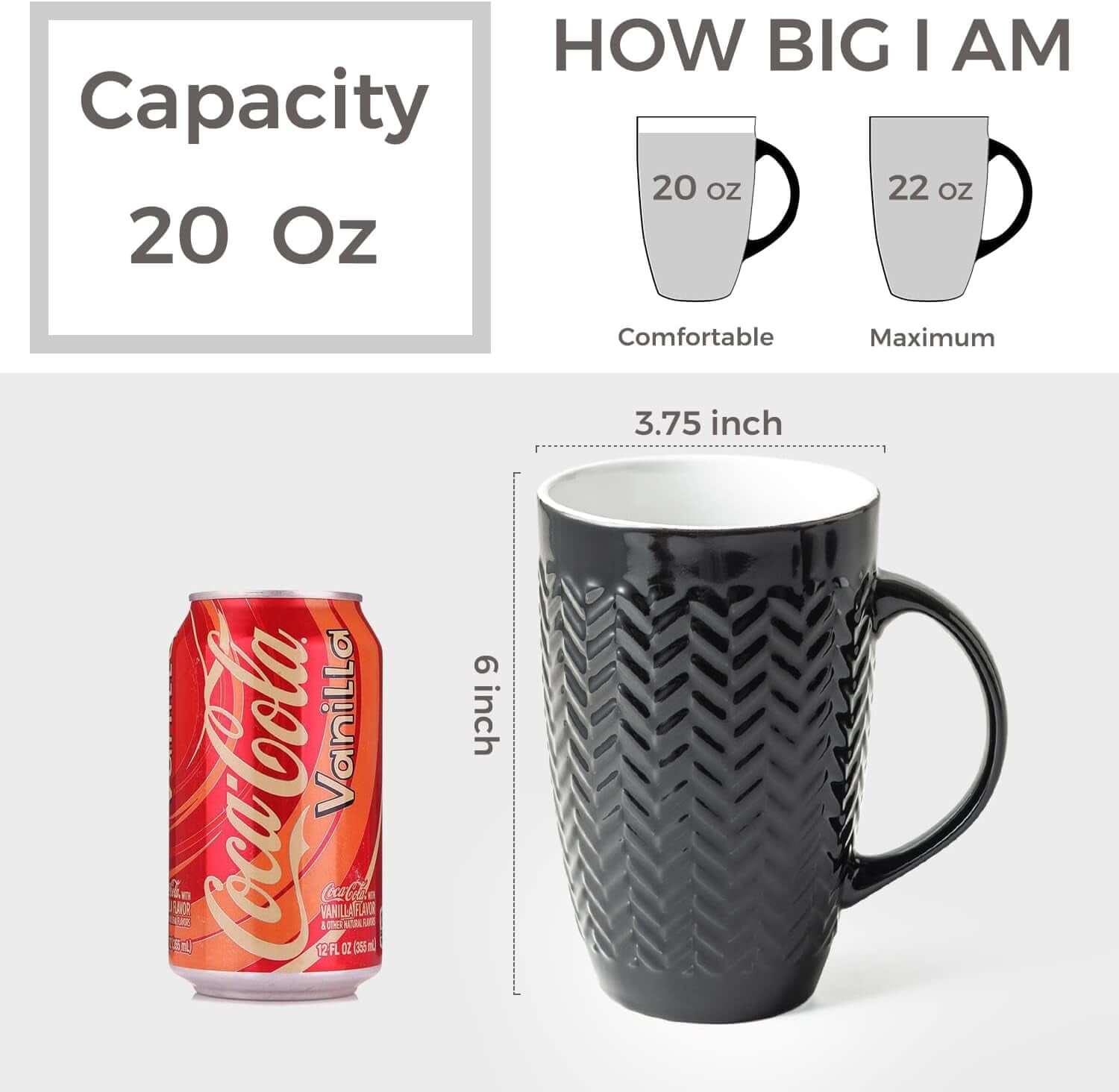 A Large Coffee Mugs Set of 6, 22oz Ceramic Tall Coffee Mug is shown beside a 12 oz Vanilla Coke can for scale, with text highlighting its generous 22oz capacity, 6-in height, 3.75-in width, and lead- and cadmium-free ceramic build.