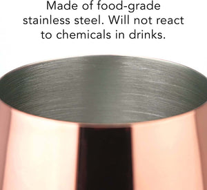 Close-up of a Copper/Rose Gold Stem Stainless Steel Wine Glass from the 4-piece 18.5 oz set, featuring a food-grade, non-reactive interior and a stylish, shatterproof design for durability and elegance.