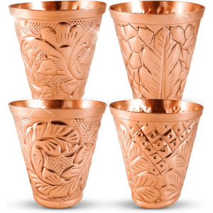 Moscow Mule Pure Copper Mugs - Embossed Set with 4 Matching Shot Glasses.