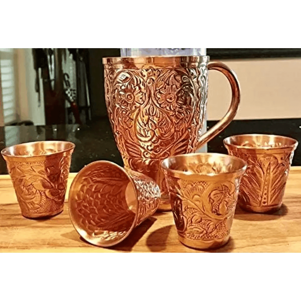 Moscow Mule Pure Copper Mugs - Embossed Set with 4 Matching Shot Glasses.
