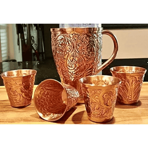 Moscow Mule Pure Copper Mugs - Embossed Set with 4 Matching Shot Glasses.