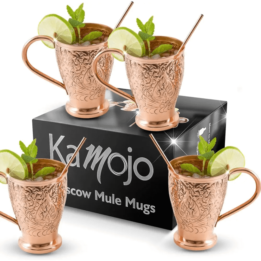 Moscow Mule Pure Copper Mugs - Embossed Set with 4 Matching Shot Glasses.