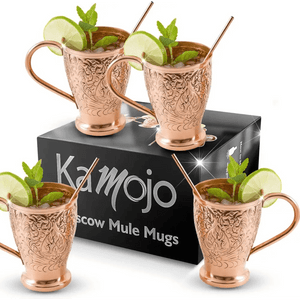 Moscow Mule Pure Copper Mugs - Embossed Set with 4 Matching Shot Glasses.