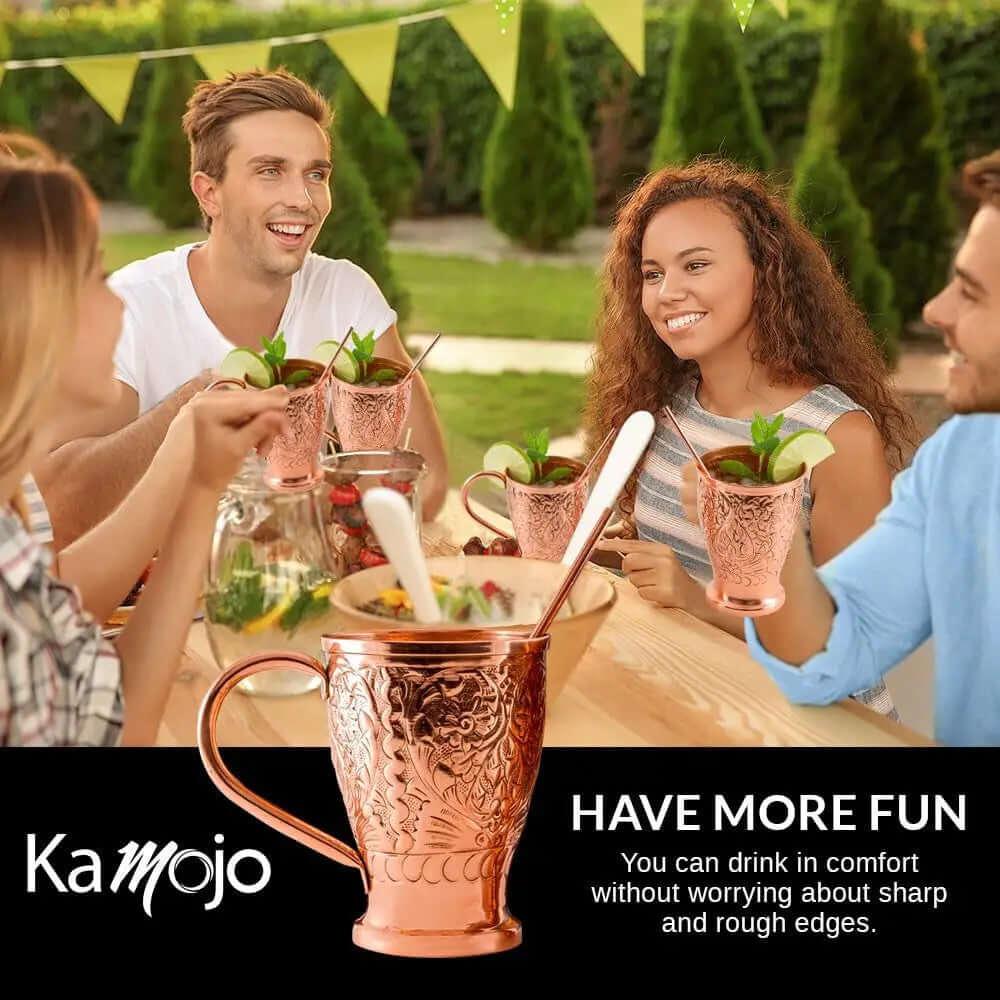 Moscow Mule Pure Copper Mugs - Embossed Set with 4 Matching Shot Glasses.