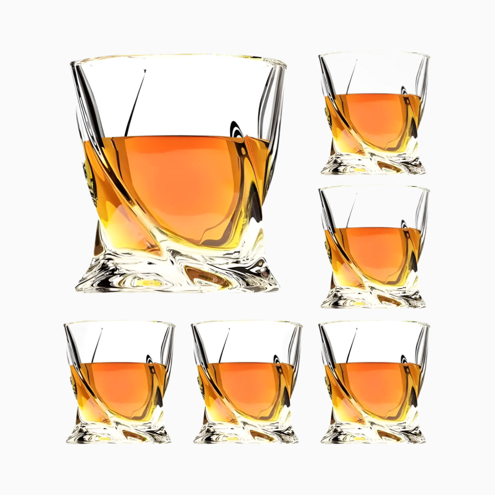Six Premium Crystal Whiskey Glasses (Set of 6, Twist design, Large 10 oz) are arranged in two rows on a white background, each filled with amber liquid.