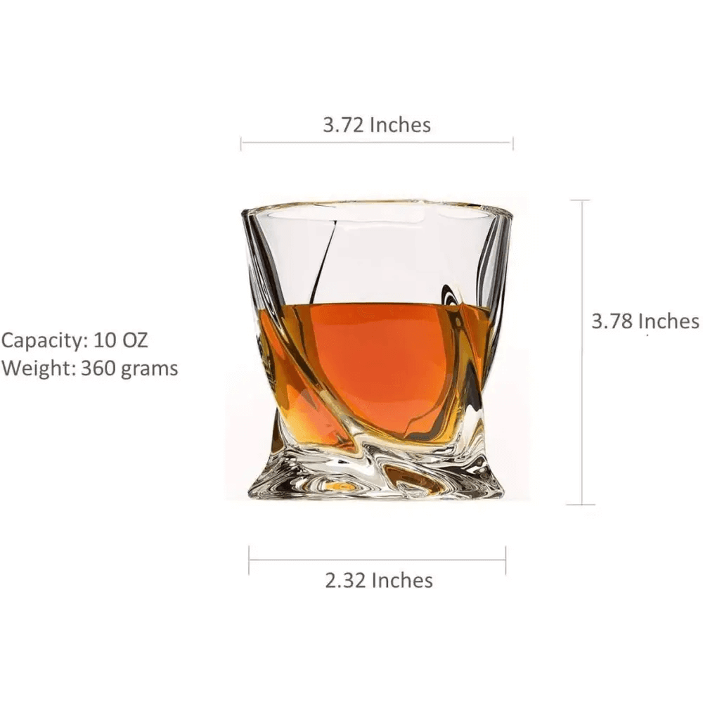 The Premium Crystal Whiskey Glasses Set of 6 Twist Large 10 oz features clear lead-free crystal glasses, each measuring 3.72 wide, 3.78 tall, with a 2.32 base and weighing 360g—ideal for whiskey or scotch lovers’ collections.