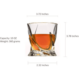 The Premium Crystal Whiskey Glasses Set of 6 Twist Large 10 oz features clear lead-free crystal glasses, each measuring 3.72 wide, 3.78 tall, with a 2.32 base and weighing 360g—ideal for whiskey or scotch lovers’ collections.