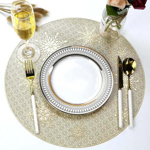 Round Gold Christmas placemats Set of 4 for Dining Table Mats 15“ Wipeable Snowflake Placemats.