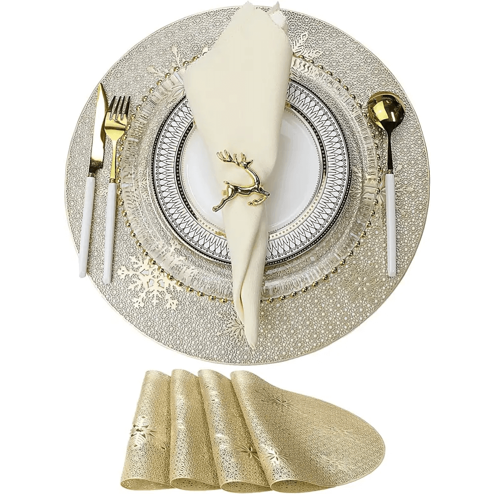 Round Gold Christmas placemats Set of 4 for Dining Table Mats 15“ Wipeable Snowflake Placemats.