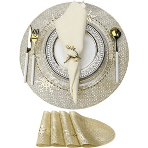 Round Gold Christmas placemats Set of 4 for Dining Table Mats 15“ Wipeable Snowflake Placemats.