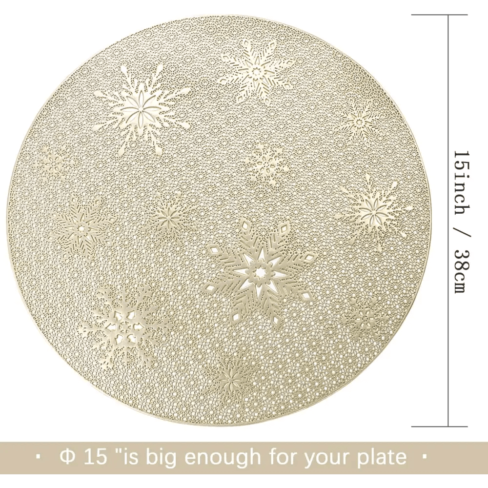 Round Gold Christmas placemats Set of 4 for Dining Table Mats 15“ Wipeable Snowflake Placemats.