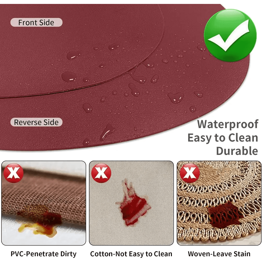 The Round Placemats Set of 6 Faux Leather Placemats are burgundy, waterproof, easy to clean, washable, and durable—unlike other hard-to-clean materials shown below.