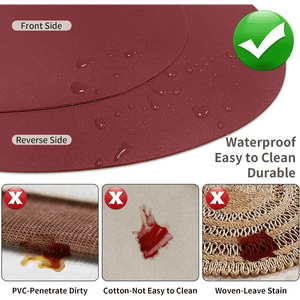 The Round Placemats Set of 6 Faux Leather Placemats are burgundy, waterproof, easy to clean, washable, and durable—unlike other hard-to-clean materials shown below.