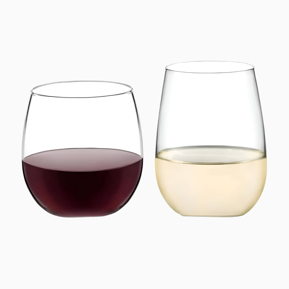 Two stemless wine glasses, one with red and one with white wine, highlight the Stemless 12-Piece Wine Glass Party Set (16.75 Oz, 17 Oz) on a plain white background.