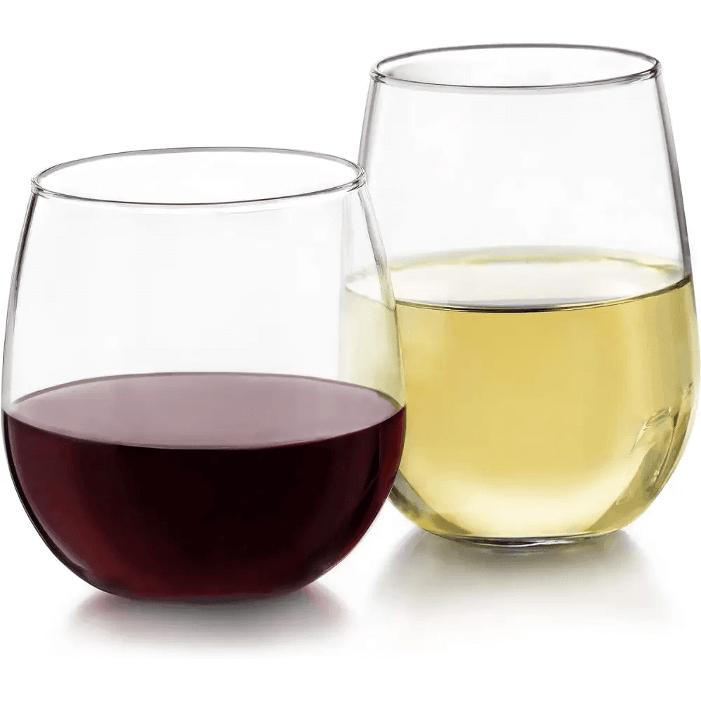 The Stemless 12-Piece Wine Glass Party Set (16.75 oz, 17 oz) includes dishwasher-safe glasses, perfect for serving red and white wine together on any occasion.
