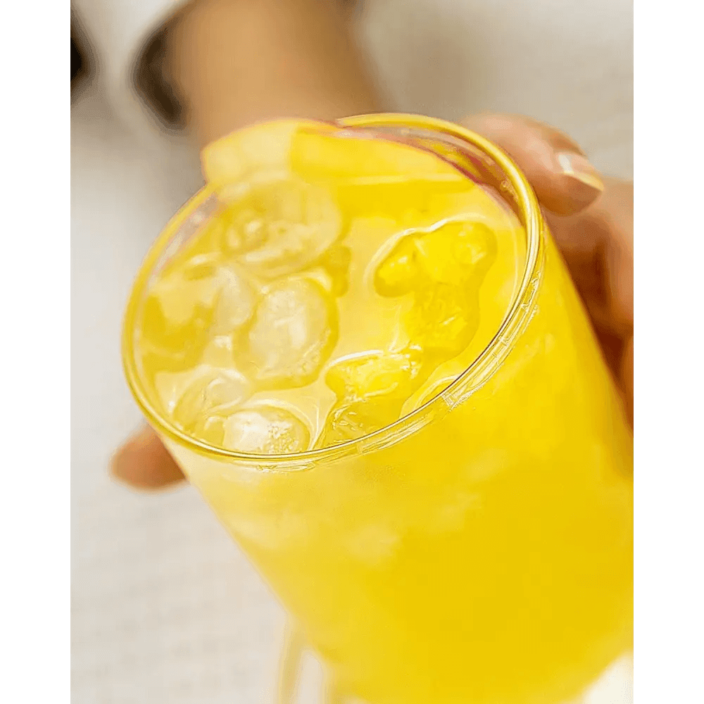A hand holds a Thin Highball Glass (19 oz) filled with ice and a bright yellow drink, garnished with a lemon slice. Part of the Thin Highball Glasses Set of 4.
