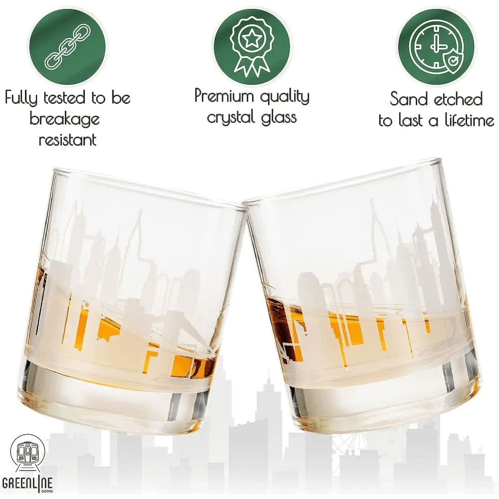 A 10 oz whiskey tumbler for New York lovers, sand-etched with a city skyline and partially filled with amber liquid, is shown next to product feature icons and text above.