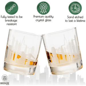 A 10 oz whiskey tumbler for New York lovers, sand-etched with a city skyline and partially filled with amber liquid, is shown next to product feature icons and text above.
