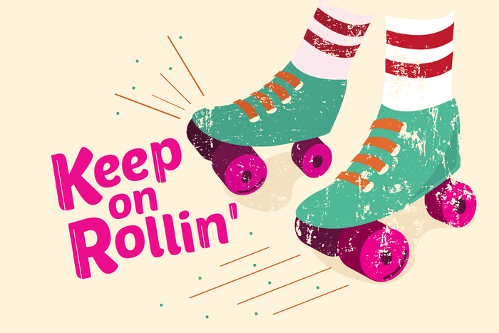 Image of roller skates and a text that reads 