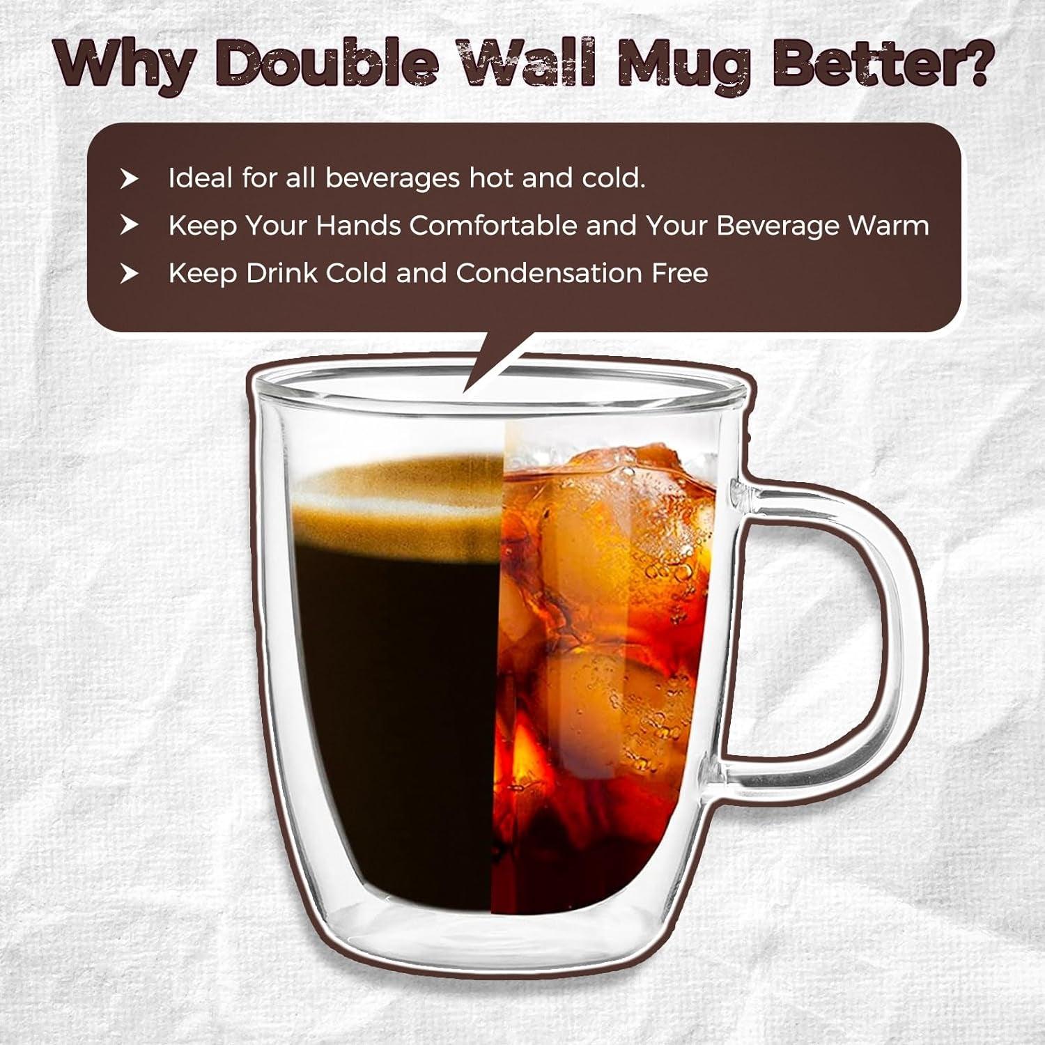 2 Pack 12 oz Double Walled Glass Coffee Mugs with handle, Thermal Insulted No Condensation